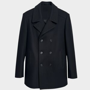 DKNY Peacoat Mens 42L Black Double Breasted Coat Overcoat Wool Blend NWOT